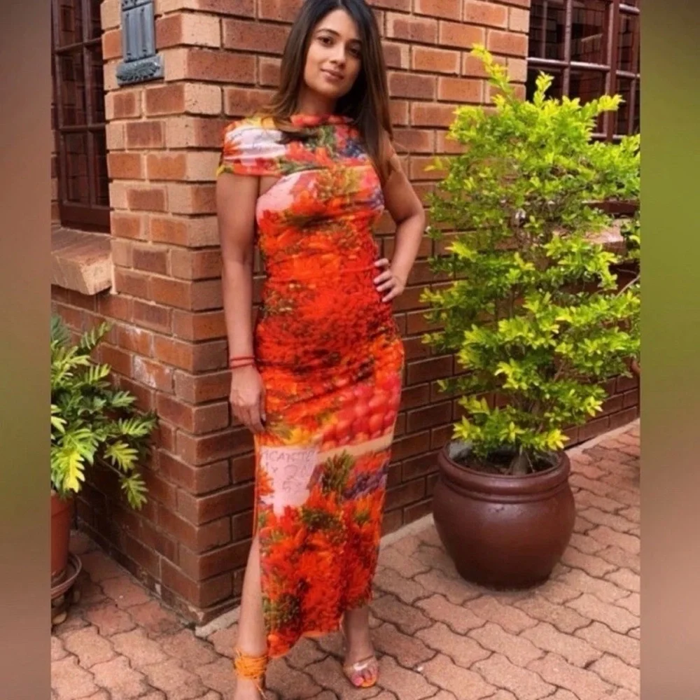 ZARA Over the Shoulder Picante All Print Tulle Bodycon Maxi Dress Fruit - Picture 4 of 7